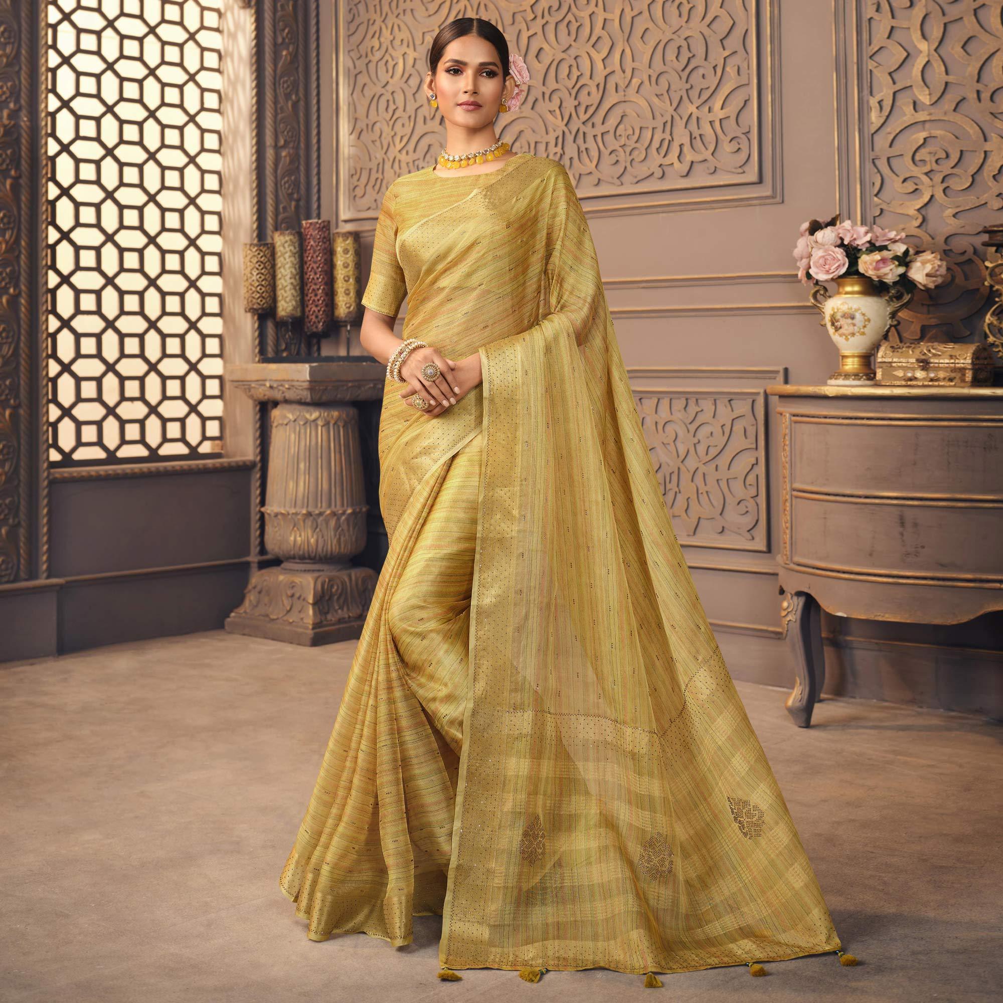 Golden Swarovski With Printed Organza Saree - Peachmode