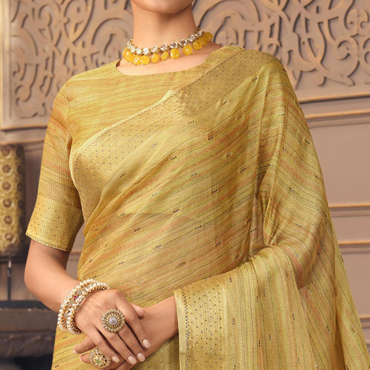 Golden Swarovski With Printed Organza Saree - Peachmode