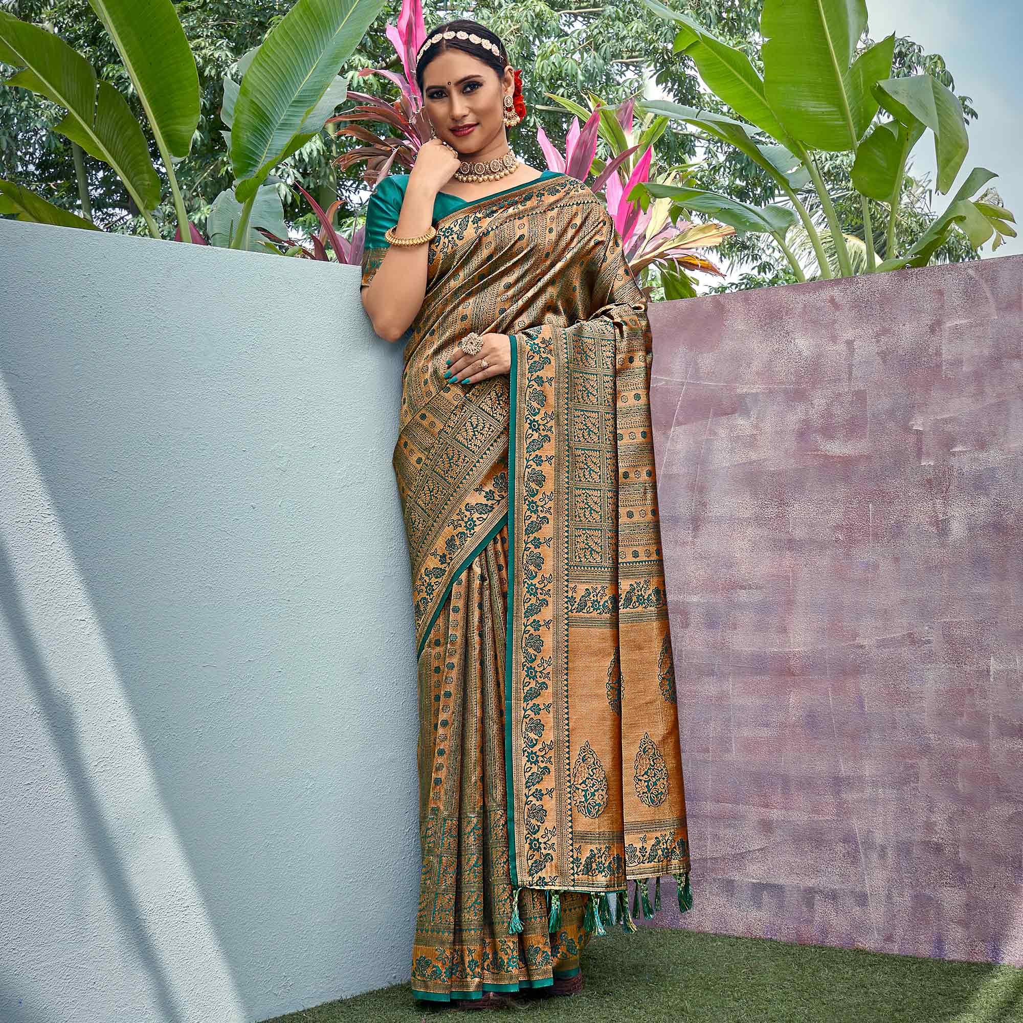 Golden-Turquoise Woven Art Silk Saree With Tassels - Peachmode