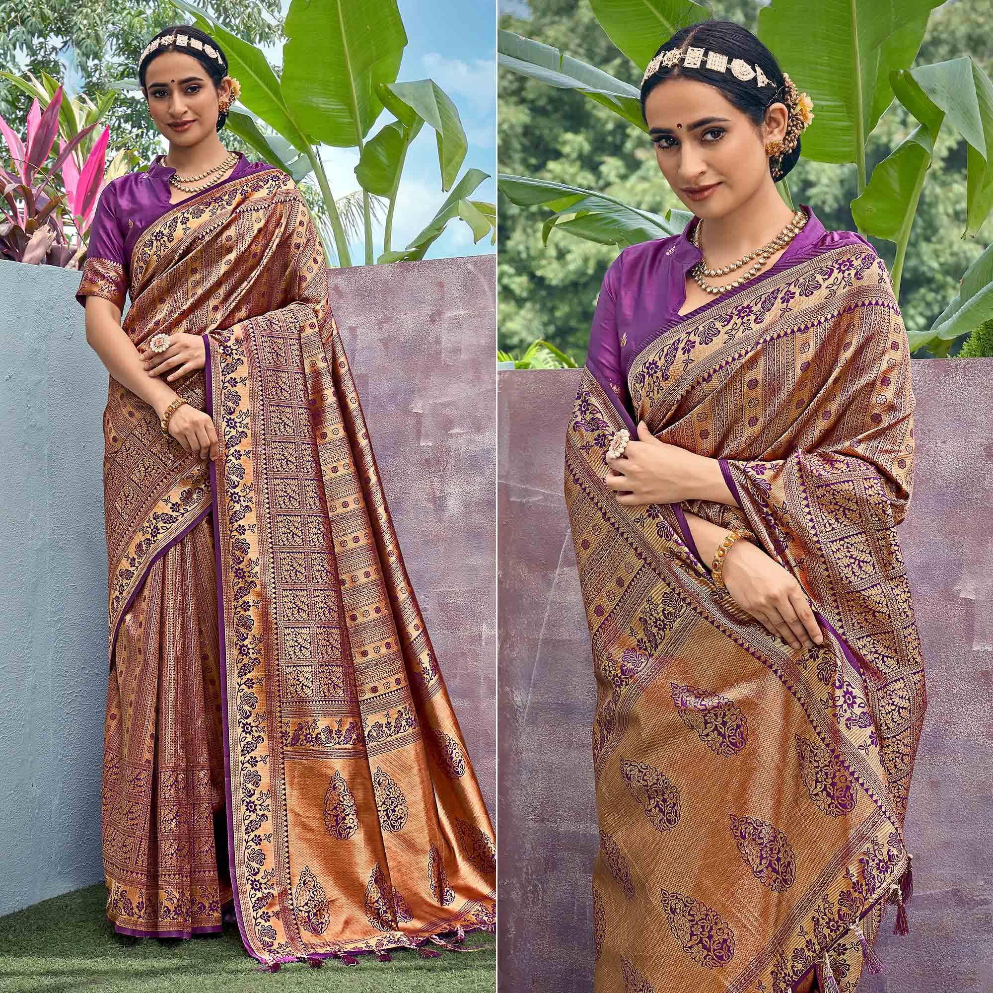 Golden-Violet Woven Art Silk Saree With Tassels - Peachmode