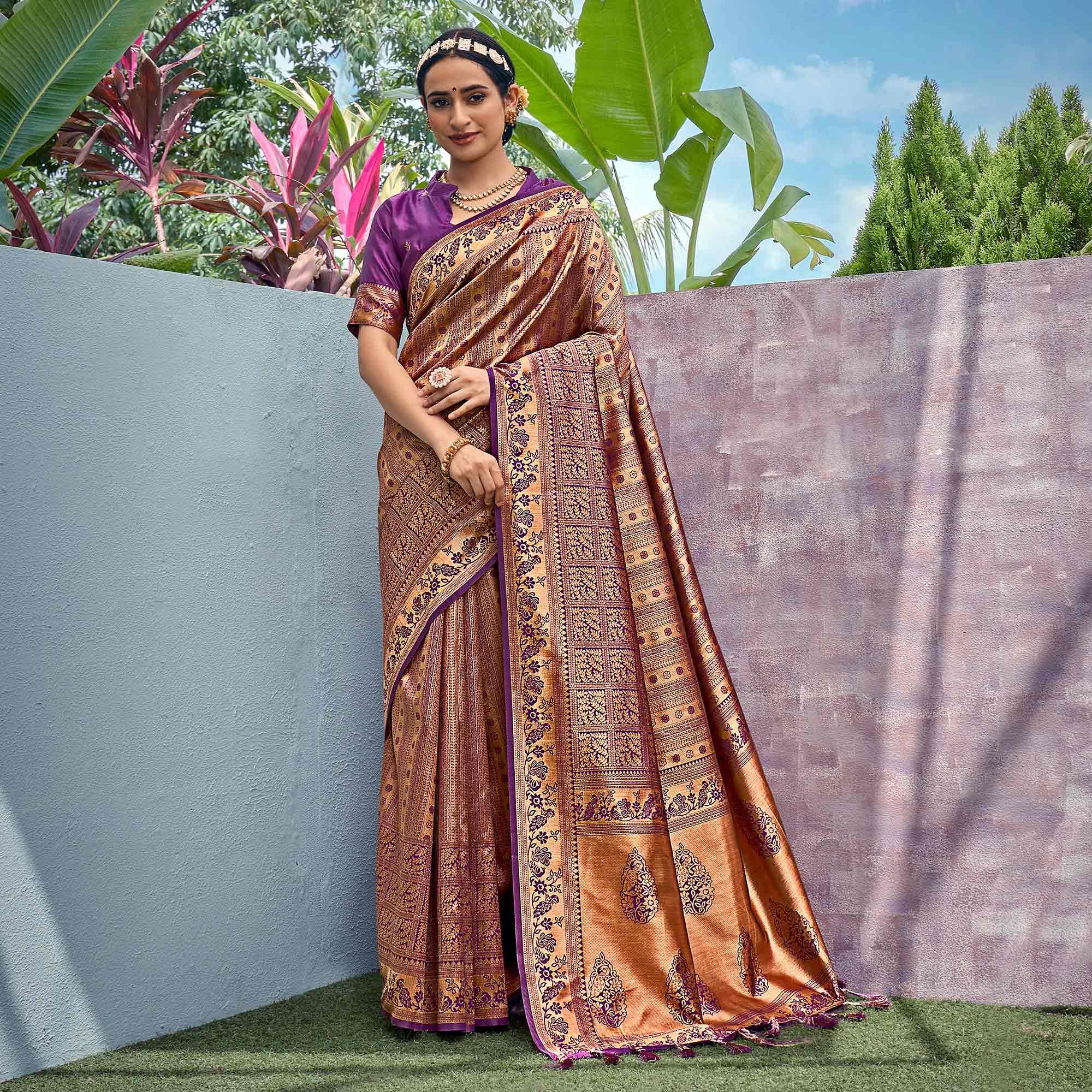 Golden-Violet Woven Art Silk Saree With Tassels - Peachmode