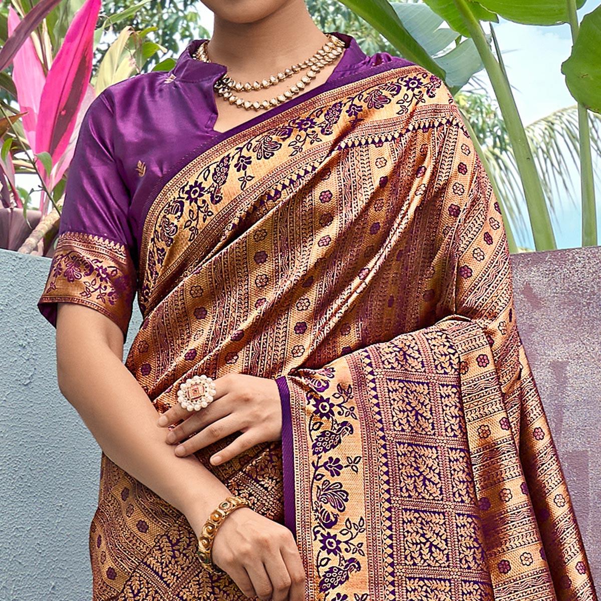 Golden-Violet Woven Art Silk Saree With Tassels - Peachmode