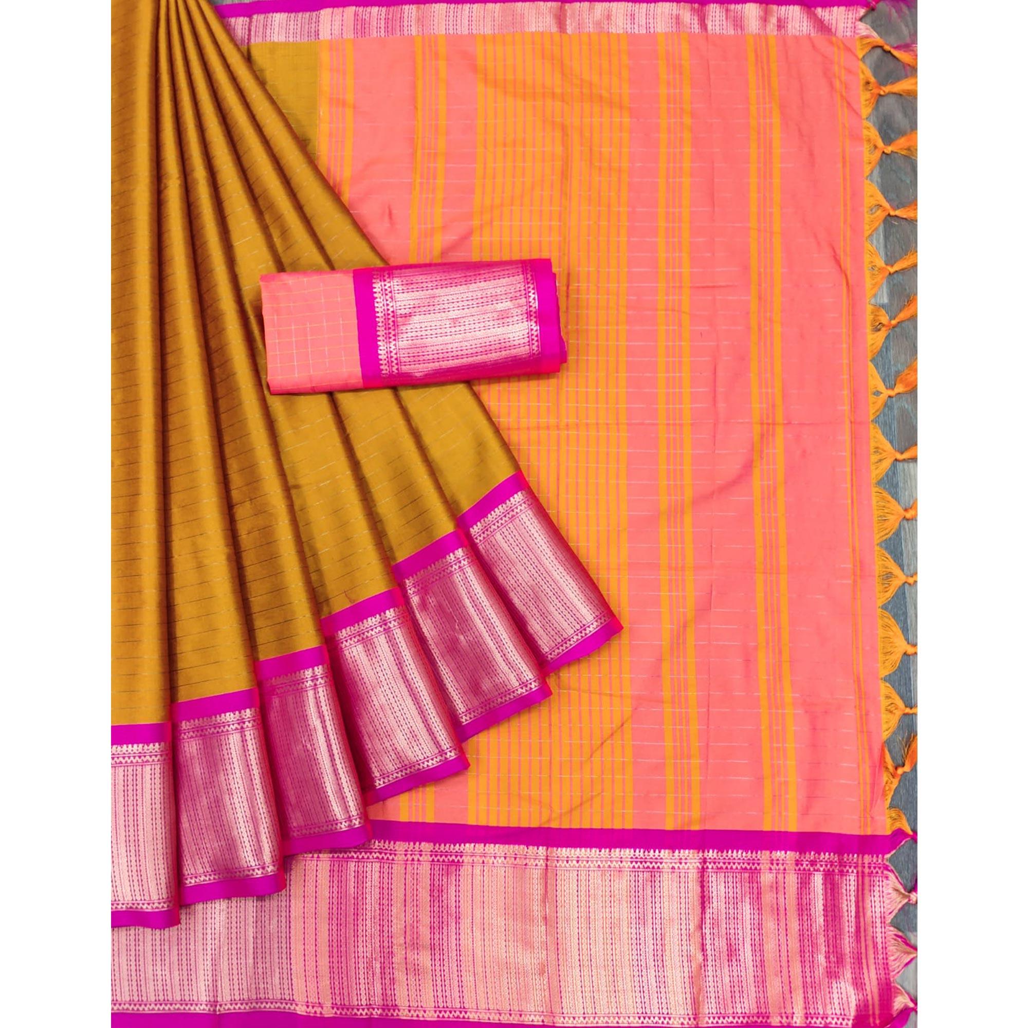Golden Woven Cotton Silk Saree - Peachmode