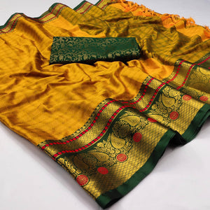 Golden Woven Cotton Silk Saree With Tassels - Peachmode