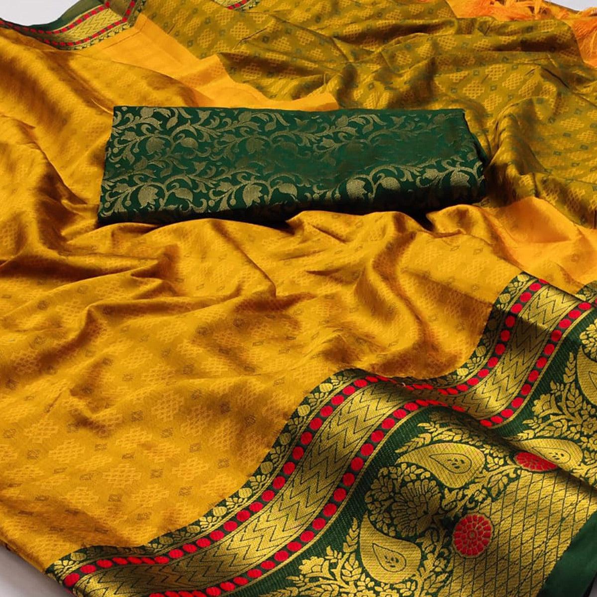 Golden Woven Cotton Silk Saree With Tassels - Peachmode