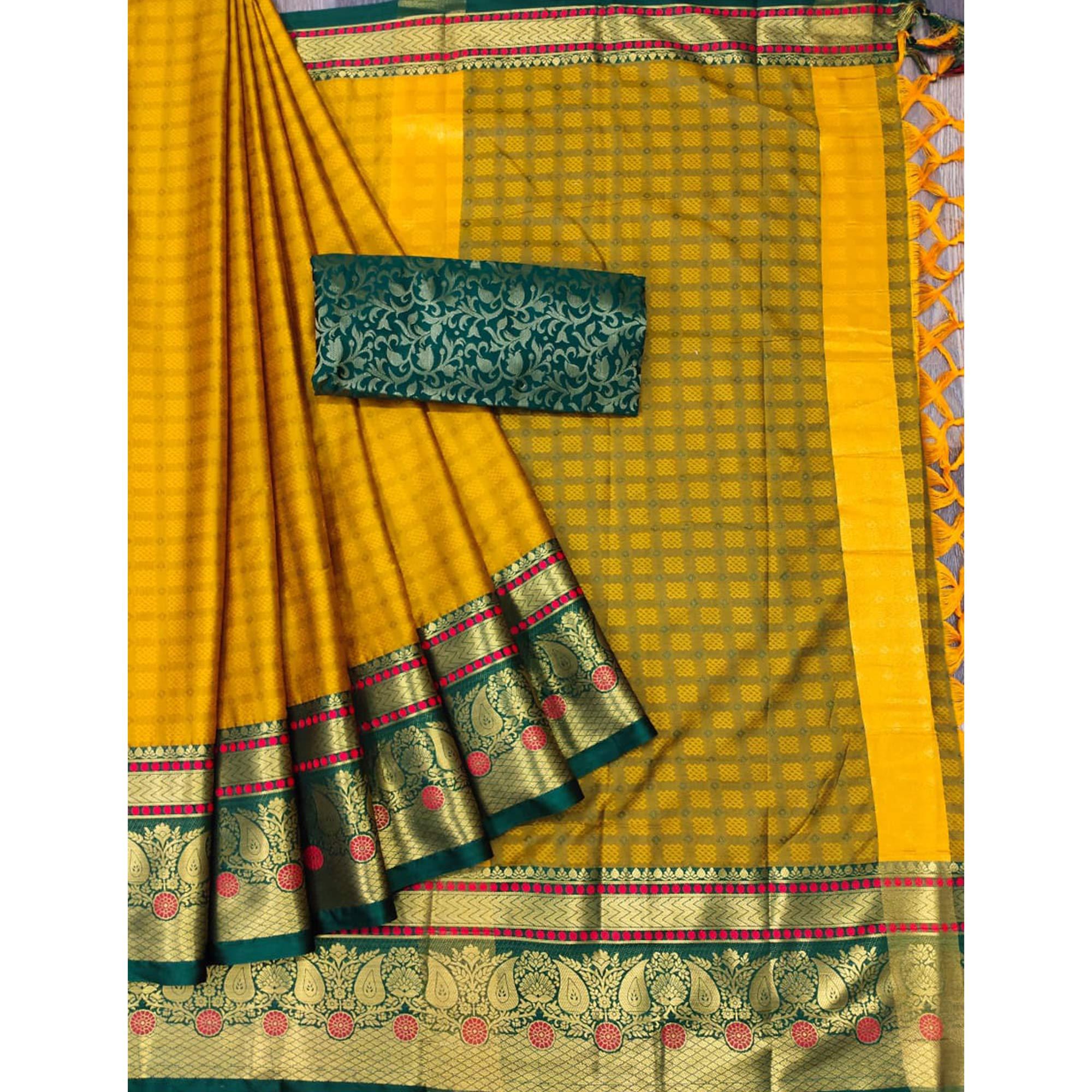 Golden Woven Cotton Silk Saree With Tassels - Peachmode