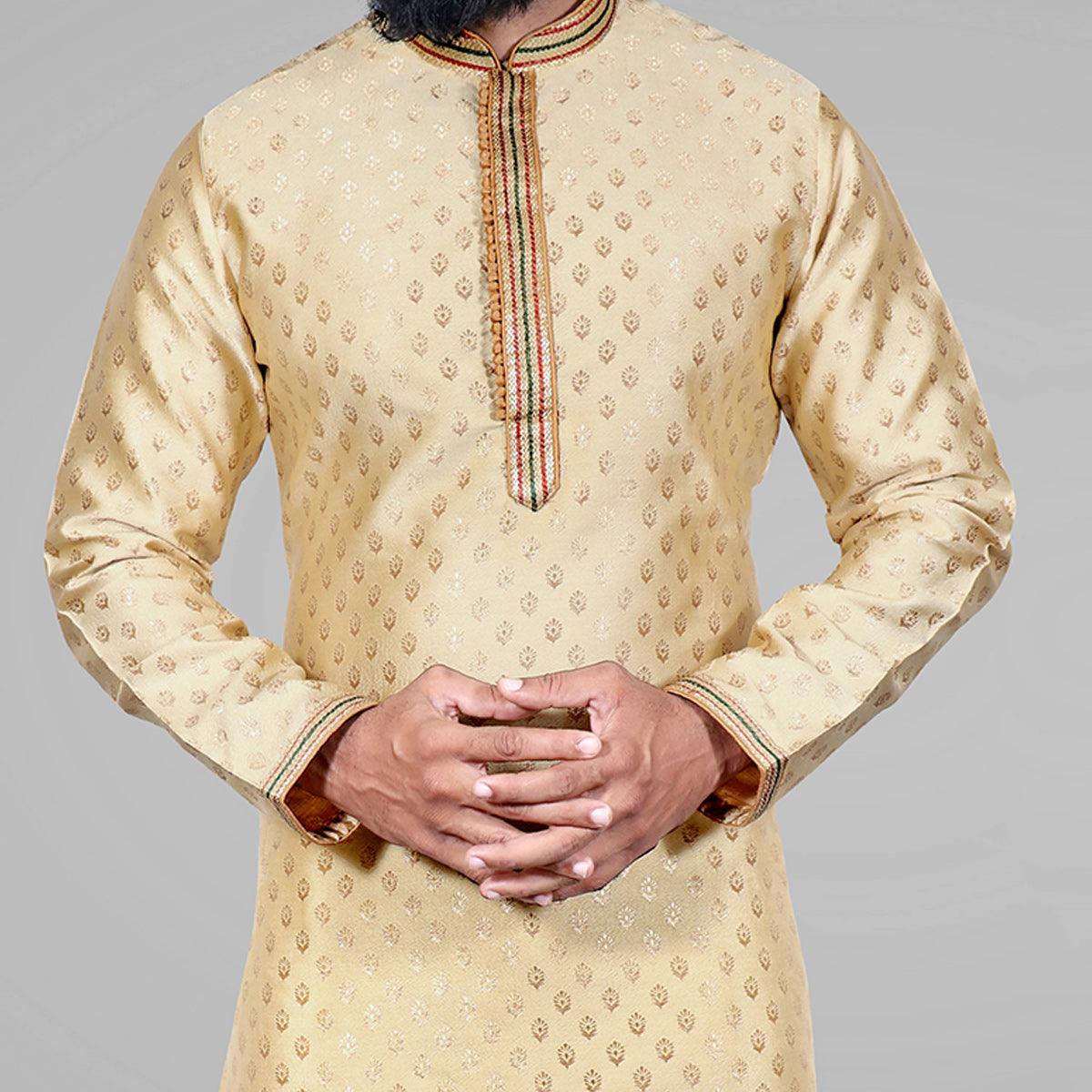 Golden Woven Jacquard Kurta Pyjama Set - Peachmode
