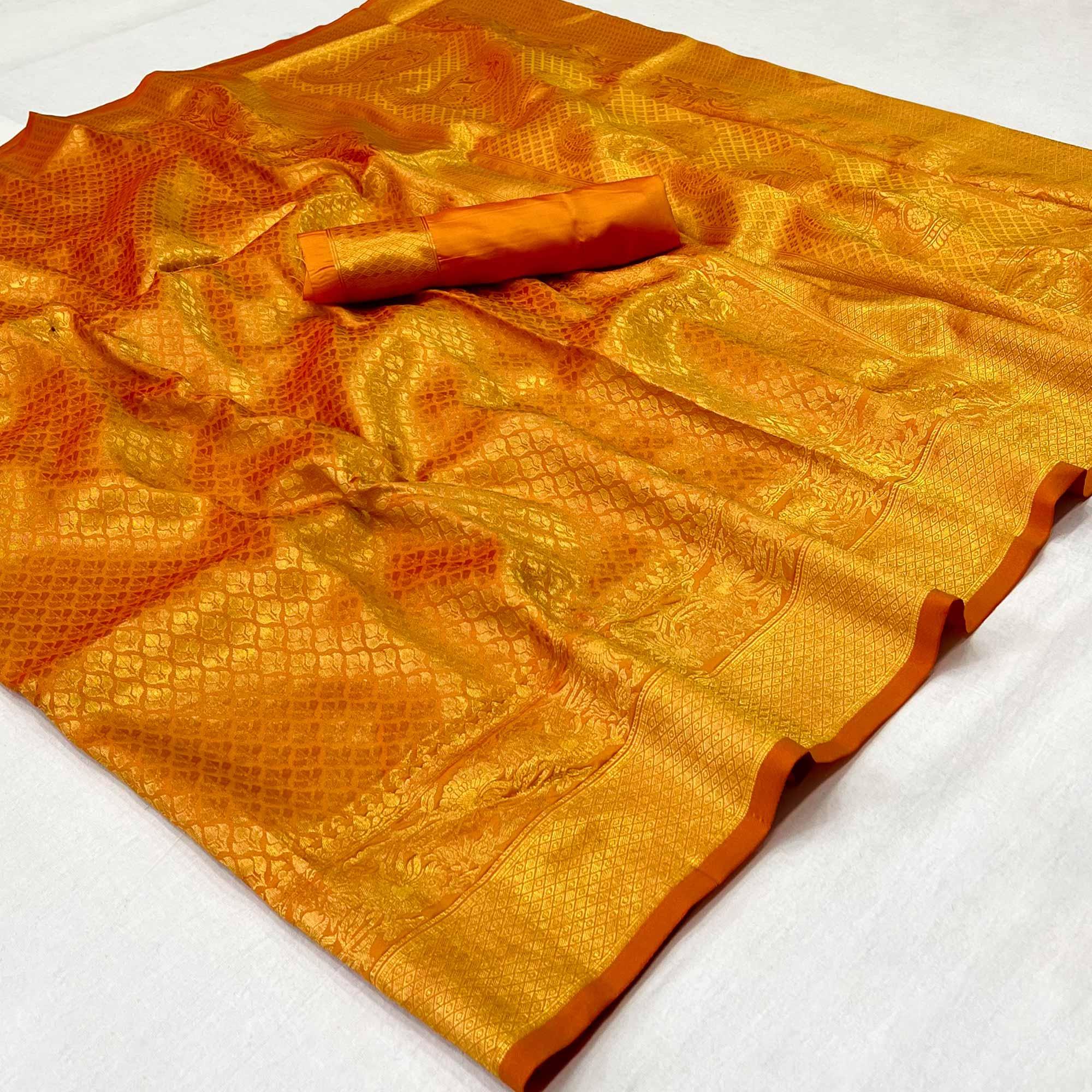 Golden Woven Jacquard Saree - Peachmode