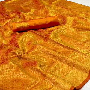 Golden Woven Jacquard Saree - Peachmode