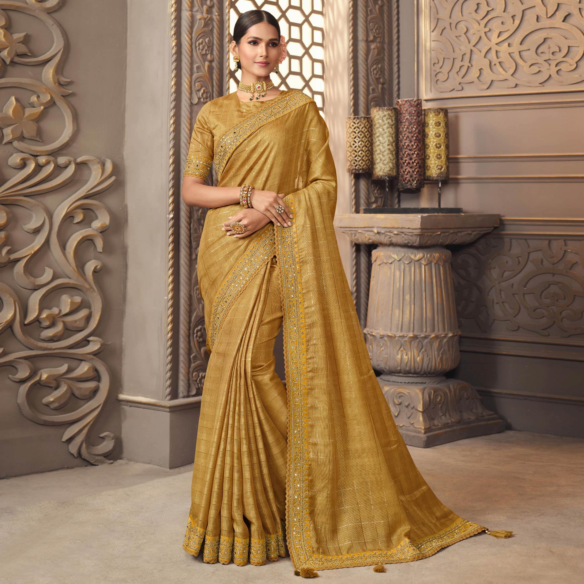 Golden Woven With Embroidered Border Organza Saree - Peachmode