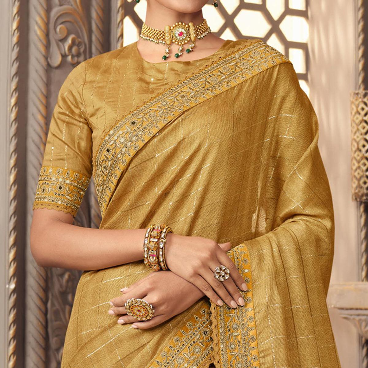 Golden Woven With Embroidered Border Organza Saree - Peachmode