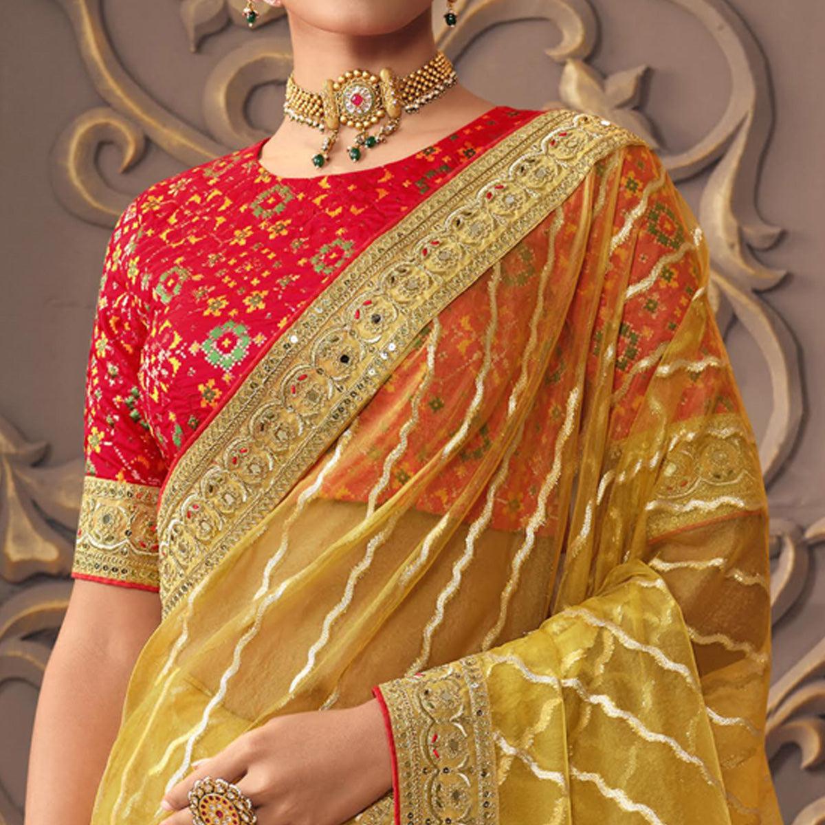 Golden Woven With Fancy Embroidered Border Organza Saree - Peachmode