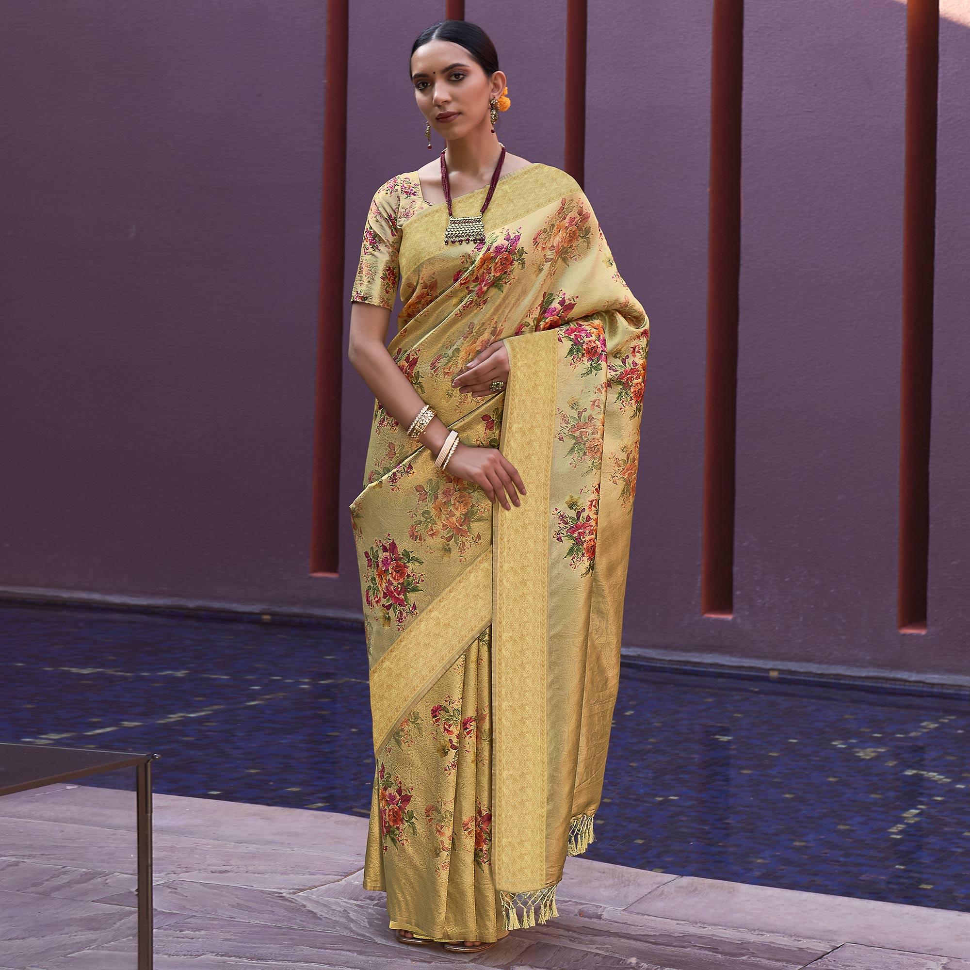 Golden Yellow Festive Wear Floral Printed Silk Saree With Woven Border - Peachmode