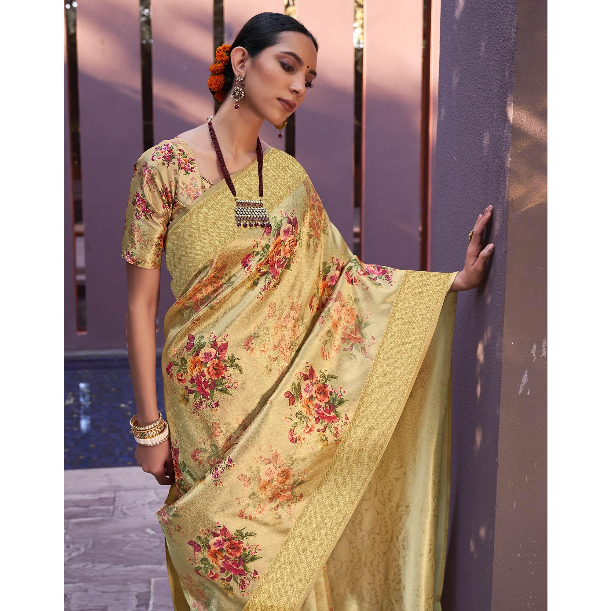 Golden Yellow Festive Wear Floral Printed Silk Saree With Woven Border - Peachmode