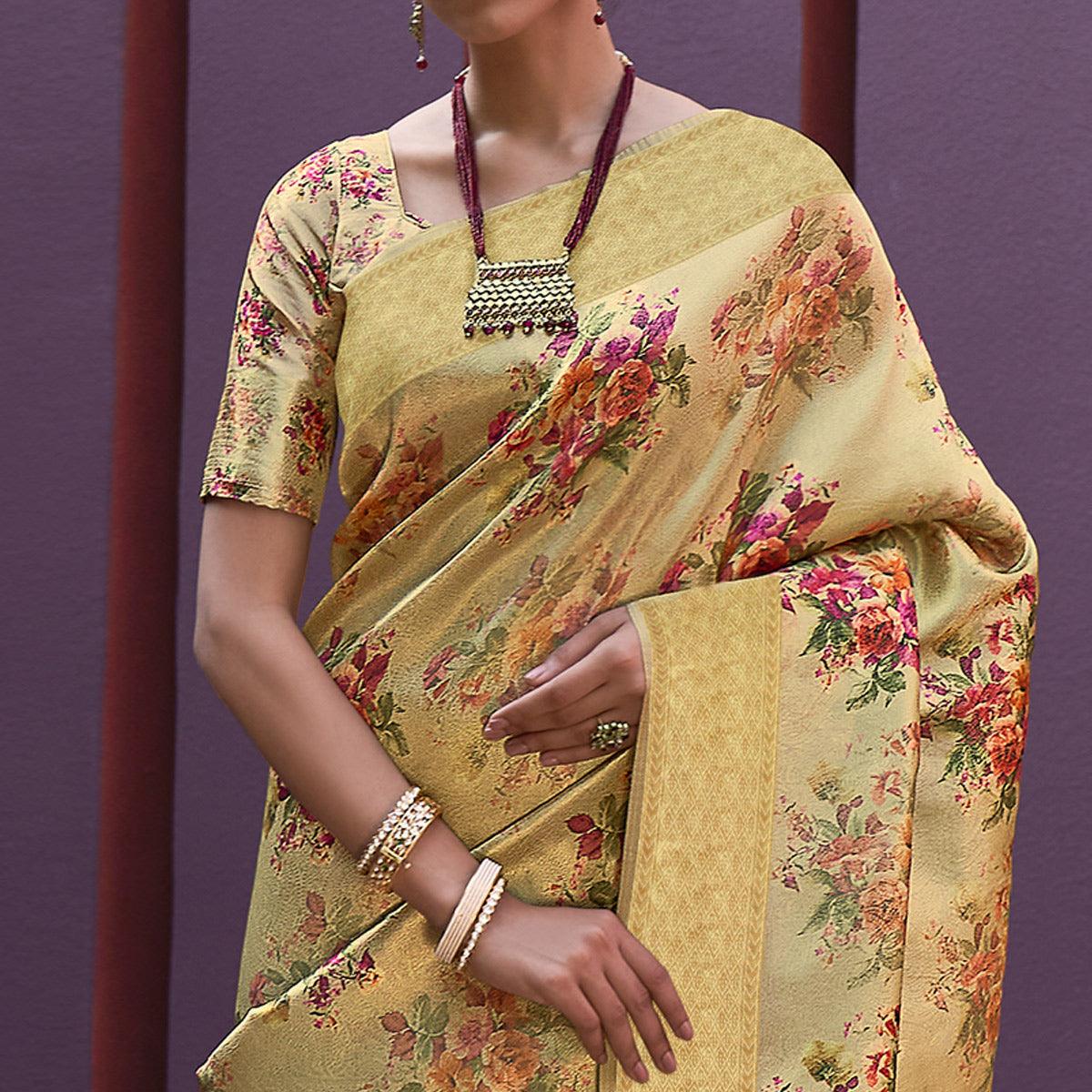Golden Yellow Festive Wear Floral Printed Silk Saree With Woven Border - Peachmode
