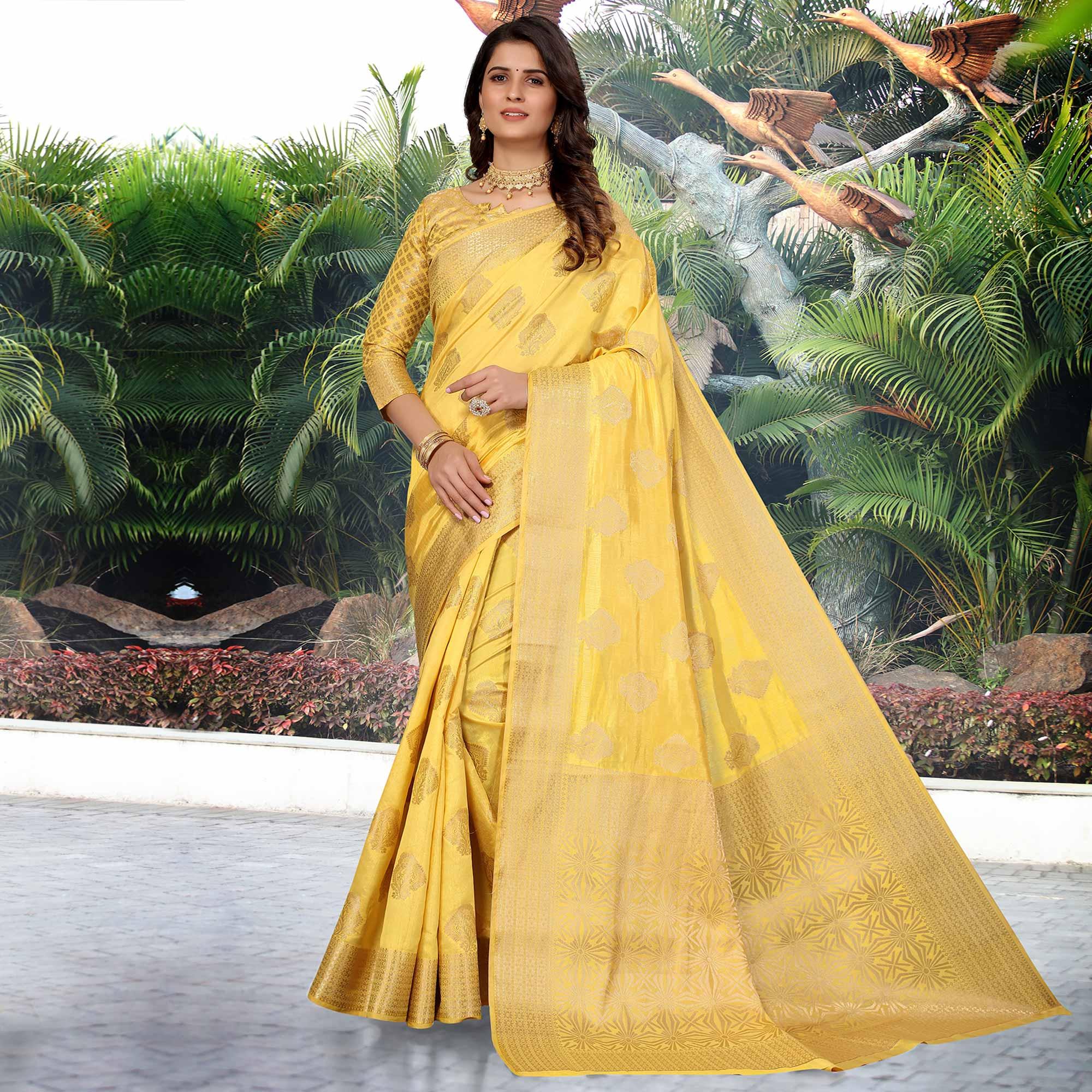 Golden Yellow Festive Wear Woven Art Silk Saree - Peachmode