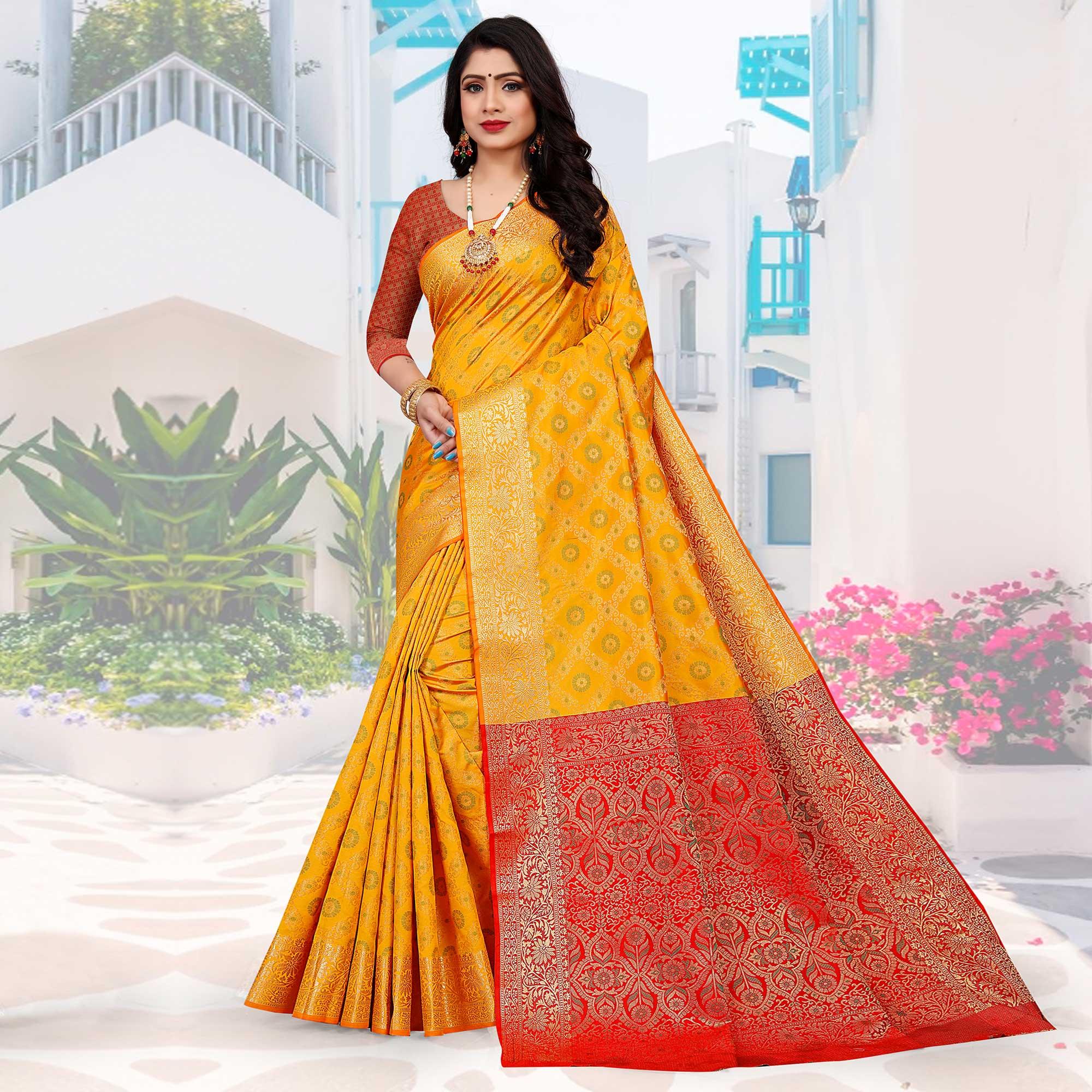 Golden Yellow Festive Wear Woven Silk Saree With Patola Rich Pallu - Peachmode