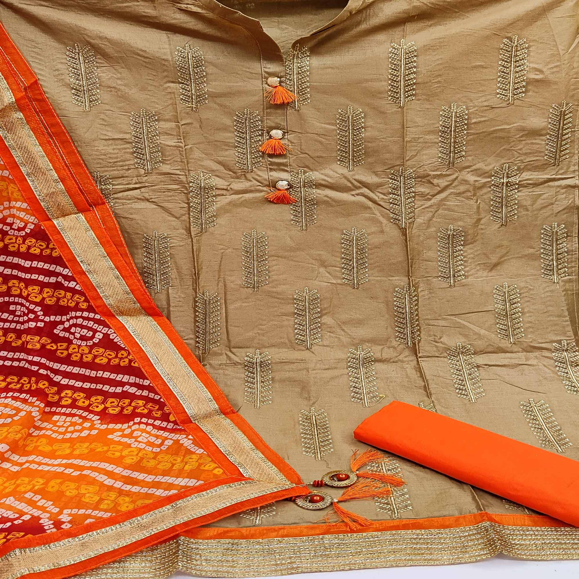 Gorgeous Beige Colored Casual Wear Embroidered Cotton Dress Material - Peachmode