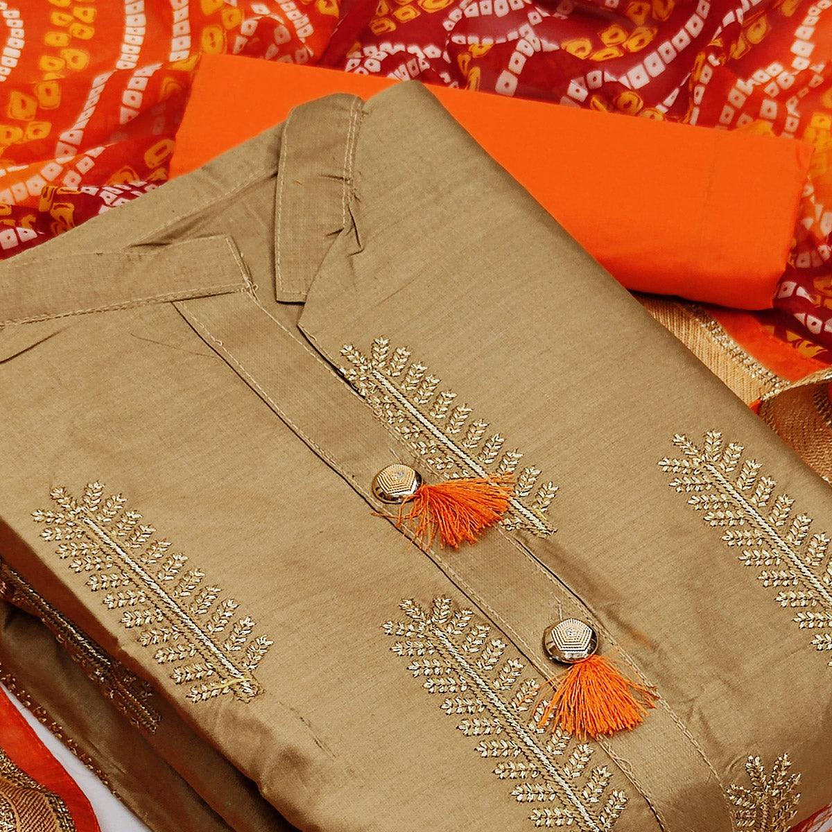 Gorgeous Beige Colored Casual Wear Embroidered Cotton Dress Material - Peachmode