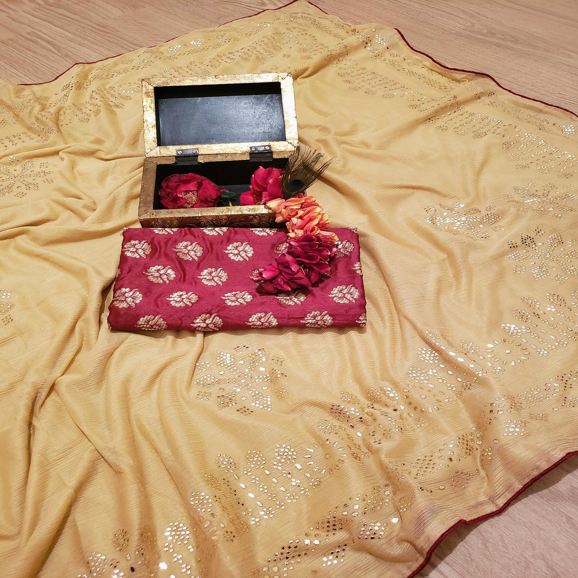Gorgeous Beige Colored Festive Wear Embellished Art Silk Saree - Peachmode