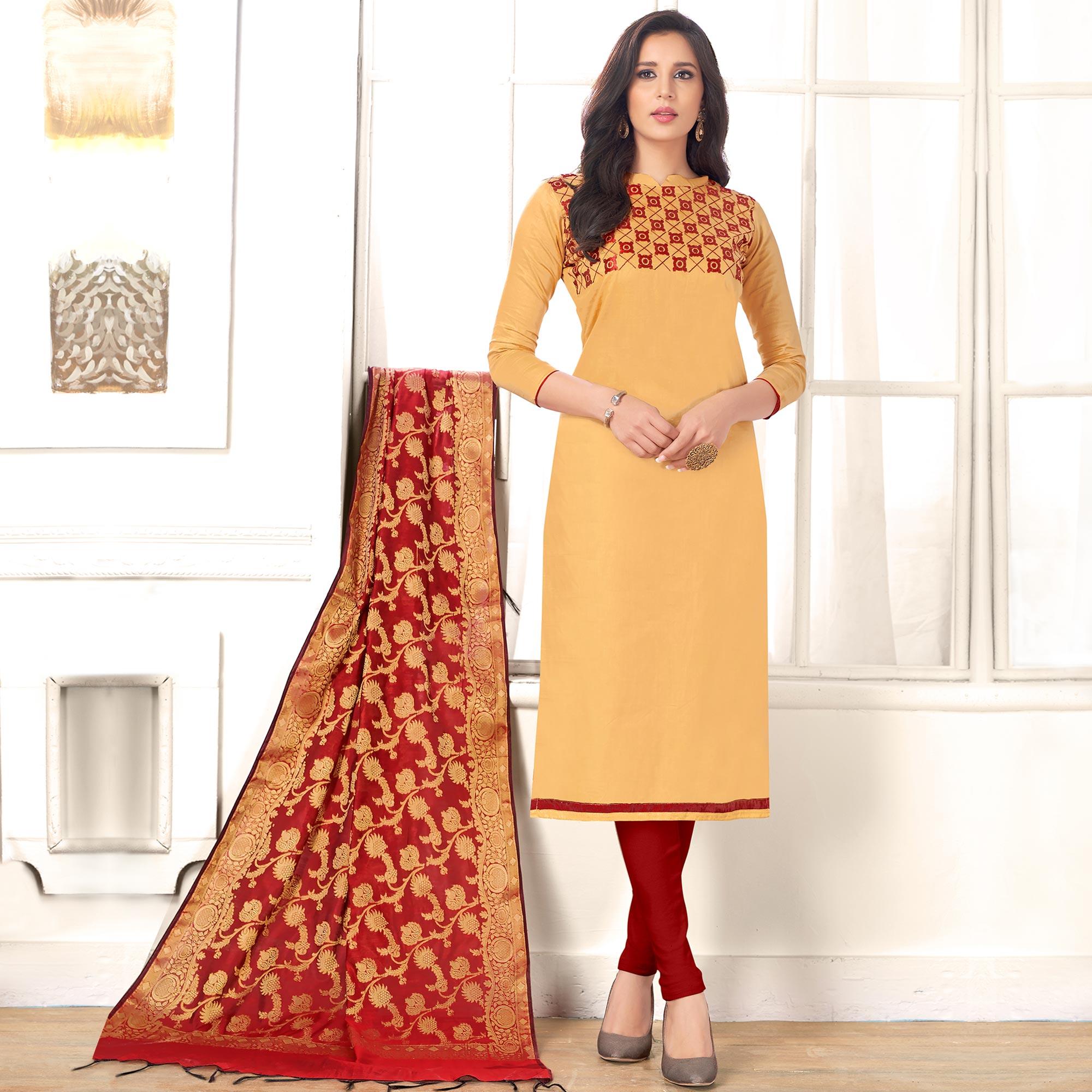 Gorgeous Beige Colored Party Wear Embroidered Cotton Salwar Suit - Peachmode