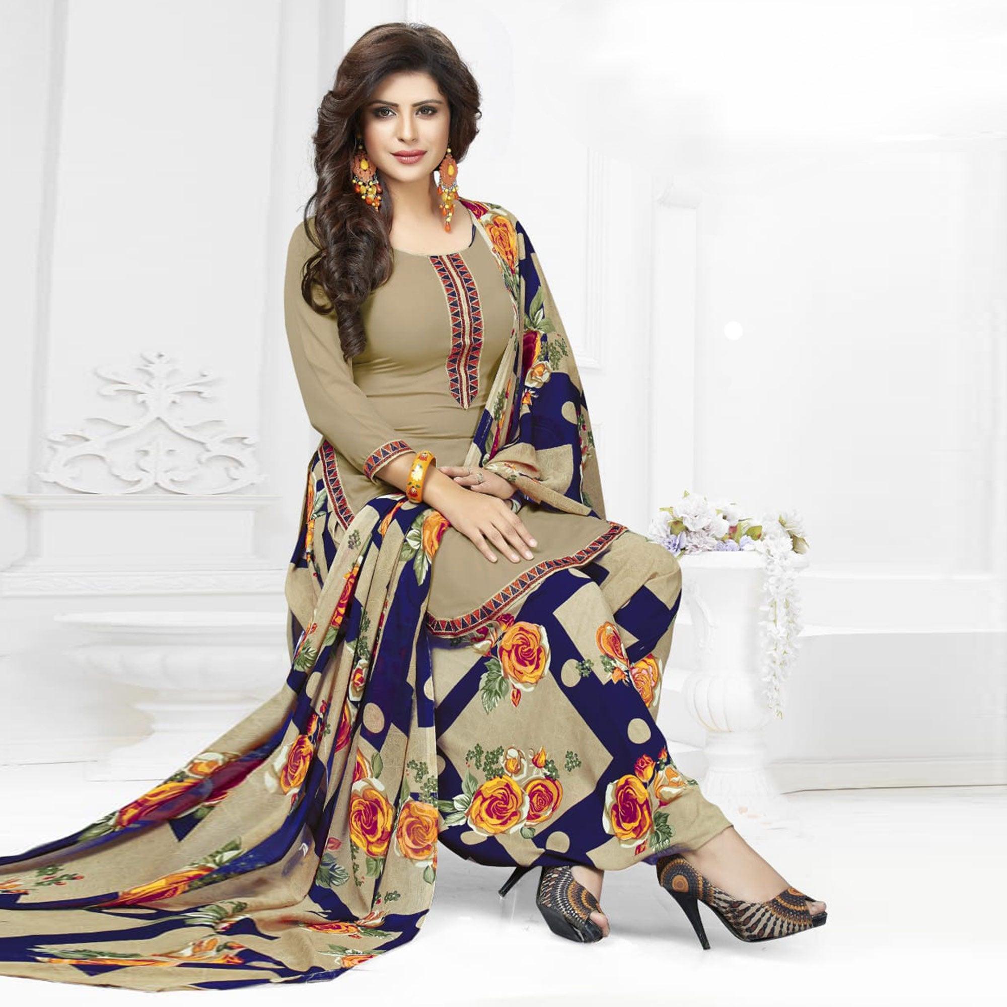 Gorgeous Beige-Navy Blue Colored Casual Printed Crepe Dress Material - Peachmode