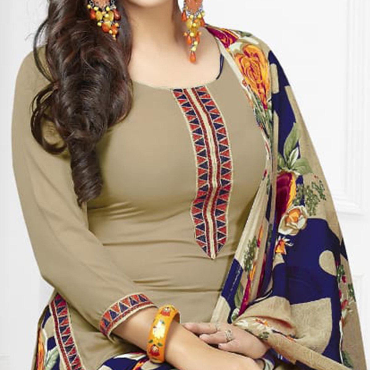 Gorgeous Beige-Navy Blue Colored Casual Printed Crepe Dress Material - Peachmode