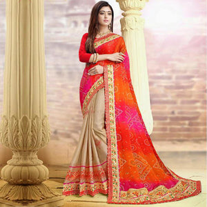Gorgeous Beige-Red Colored Festive Wear Zari Work Moss Chiffon Half-Half Saree - Peachmode