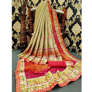 Gorgeous Beige-Red Colored Festive Wear Zari Work Moss Chiffon Half-Half Saree - Peachmode