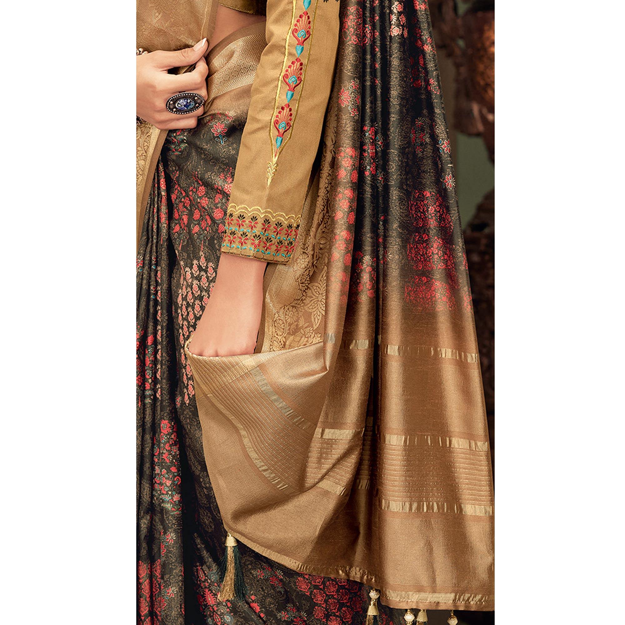 Gorgeous Black-Beige Colored Festive Wear Printed And Woven Border Silk Saree - Peachmode