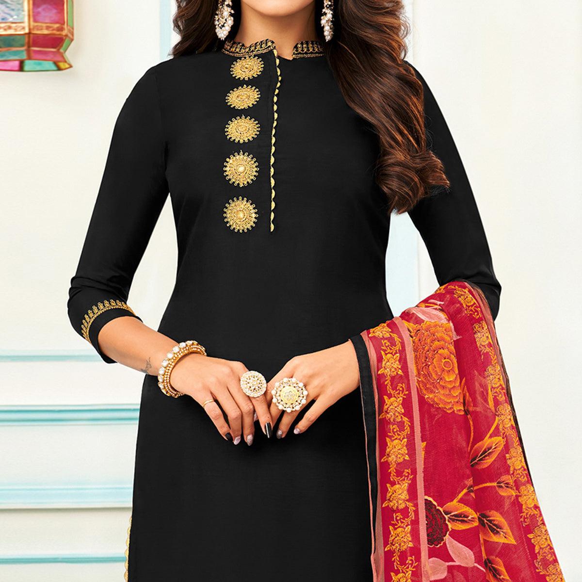 Gorgeous Black Colored Casual Wear Embroidered Chanderi Dress Material - Peachmode
