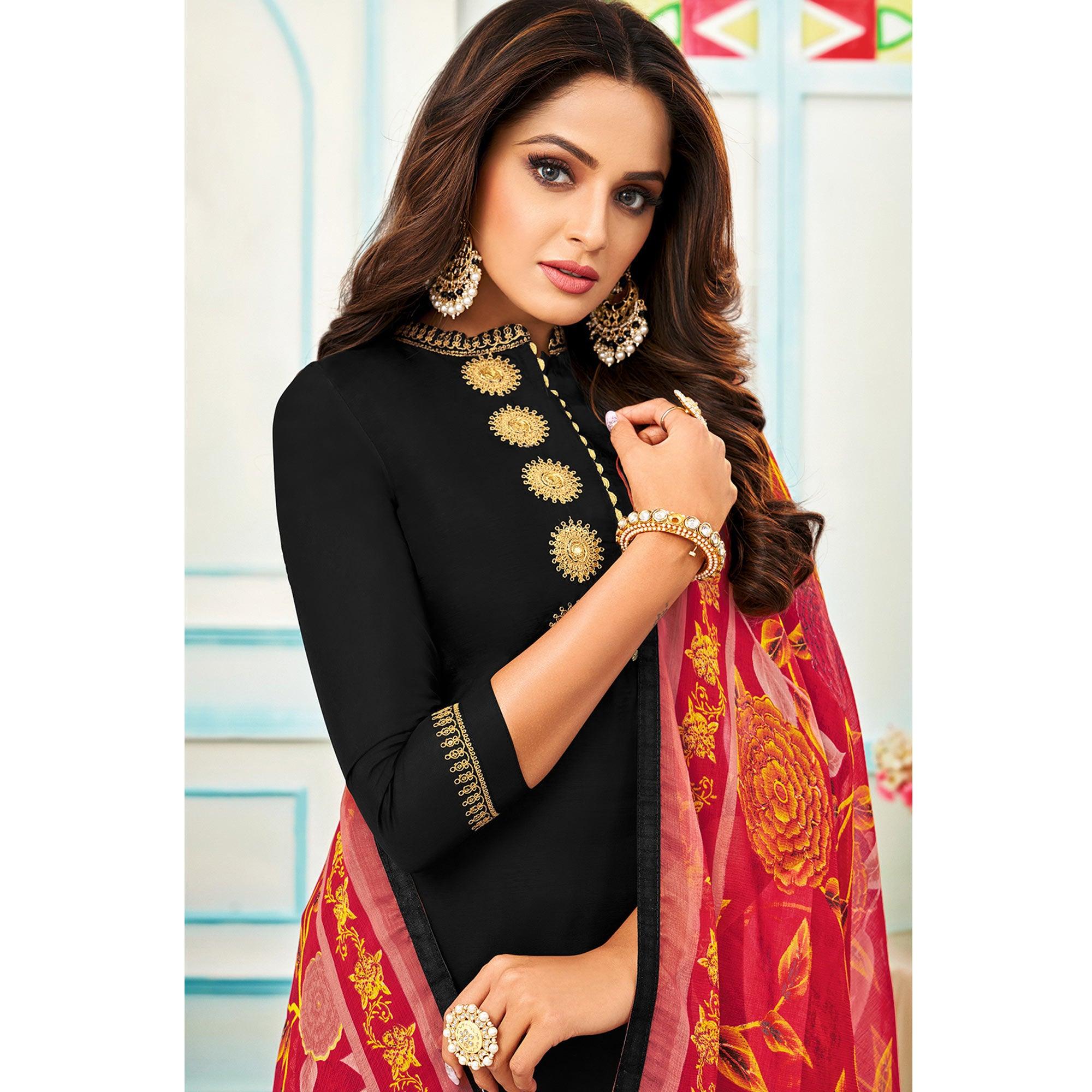 Gorgeous Black Colored Casual Wear Embroidered Chanderi Dress Material - Peachmode