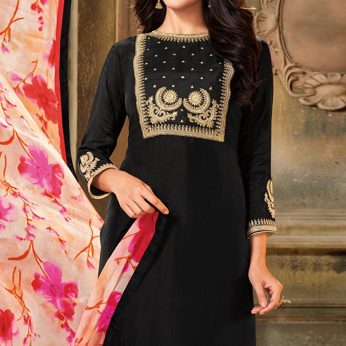 Gorgeous Black Colored Partywear Embroidered Chanderi Dress Material - Peachmode