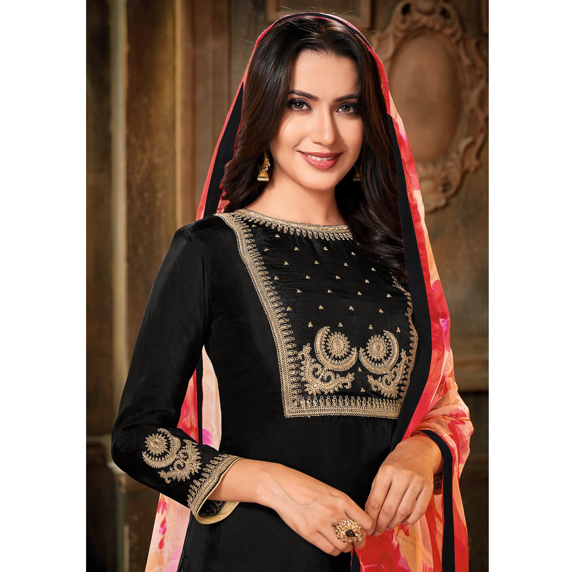 Gorgeous Black Colored Partywear Embroidered Chanderi Dress Material - Peachmode