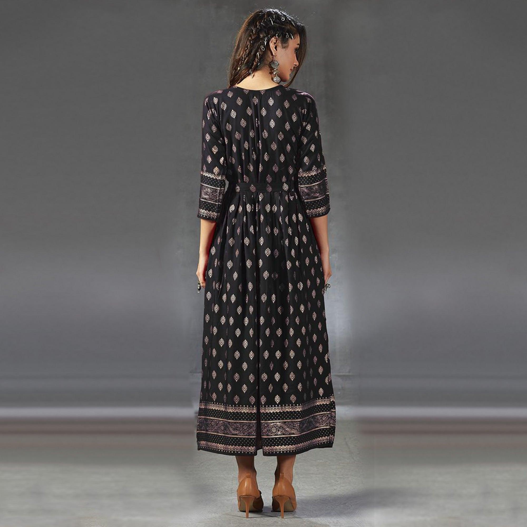 Gorgeous Black Colored Partywear Foil Printed Viscose Rayon Kurti - Peachmode