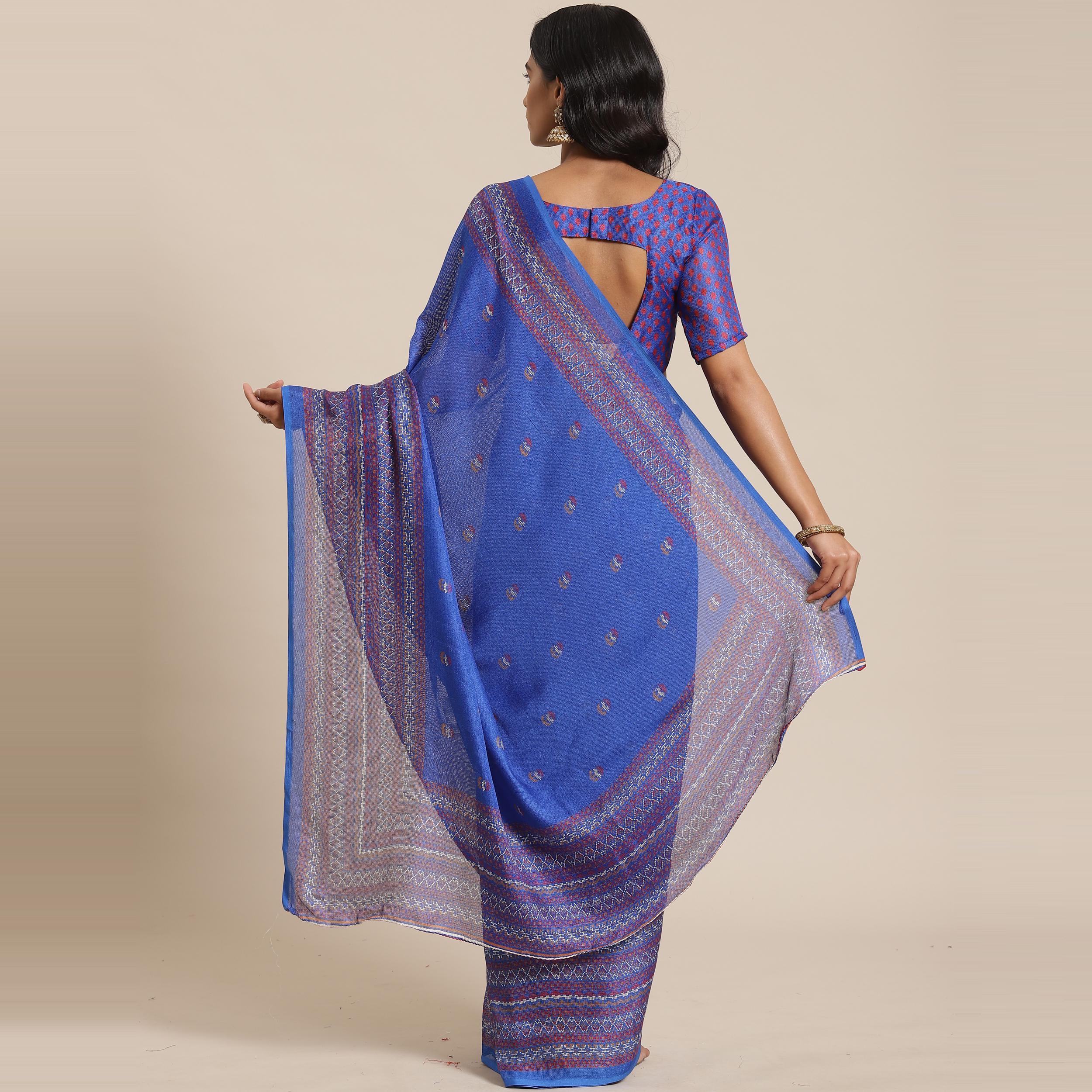 Gorgeous Blue Colored Casual Wear Printed Jute Silk Saree - Peachmode