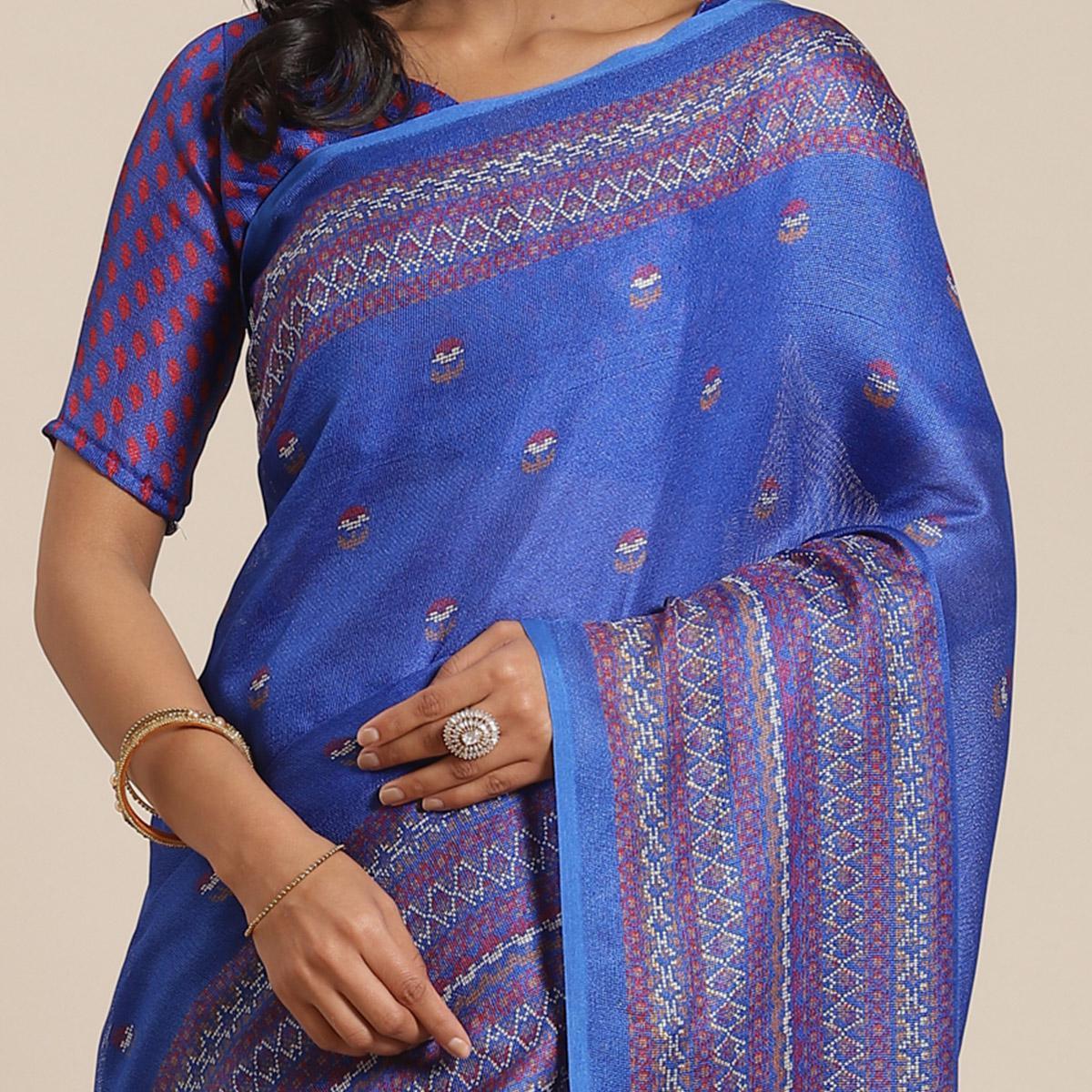 Gorgeous Blue Colored Casual Wear Printed Jute Silk Saree - Peachmode