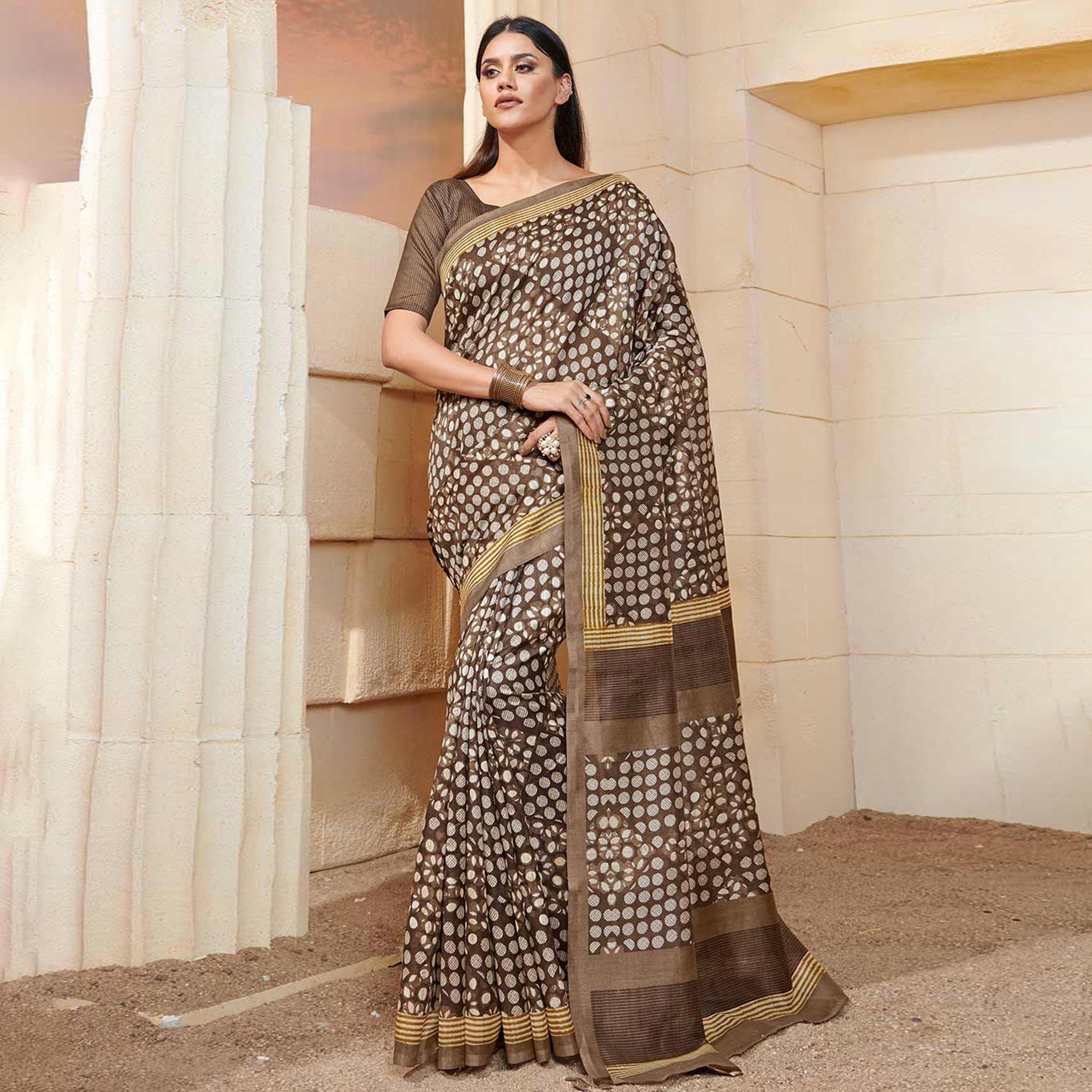 Gorgeous Brown Colored Casual Wear Printed Bhagalpuri Silk Saree - Peachmode