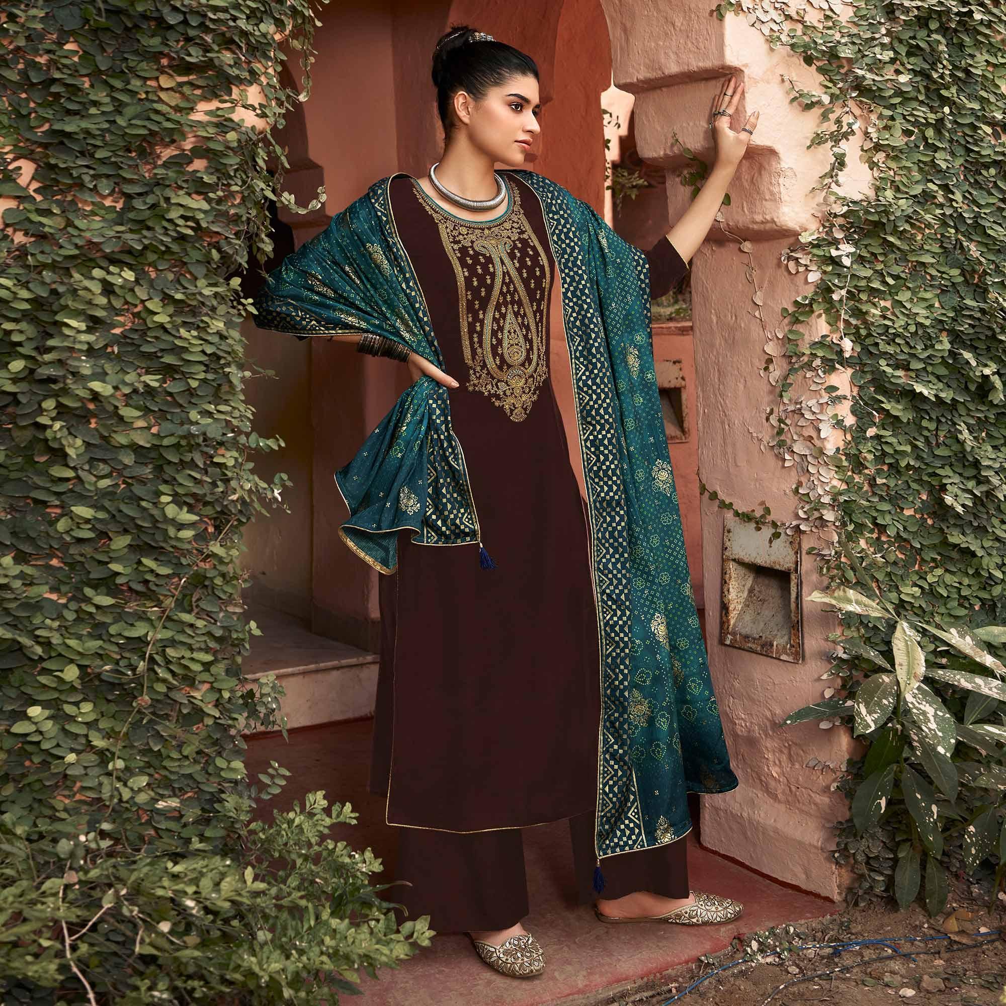 Gorgeous Brown Colored Partywear Embroidered Georgette Palazzo Suit - Peachmode