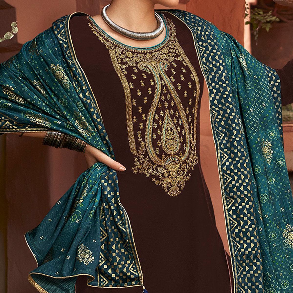 Gorgeous Brown Colored Partywear Embroidered Georgette Palazzo Suit - Peachmode