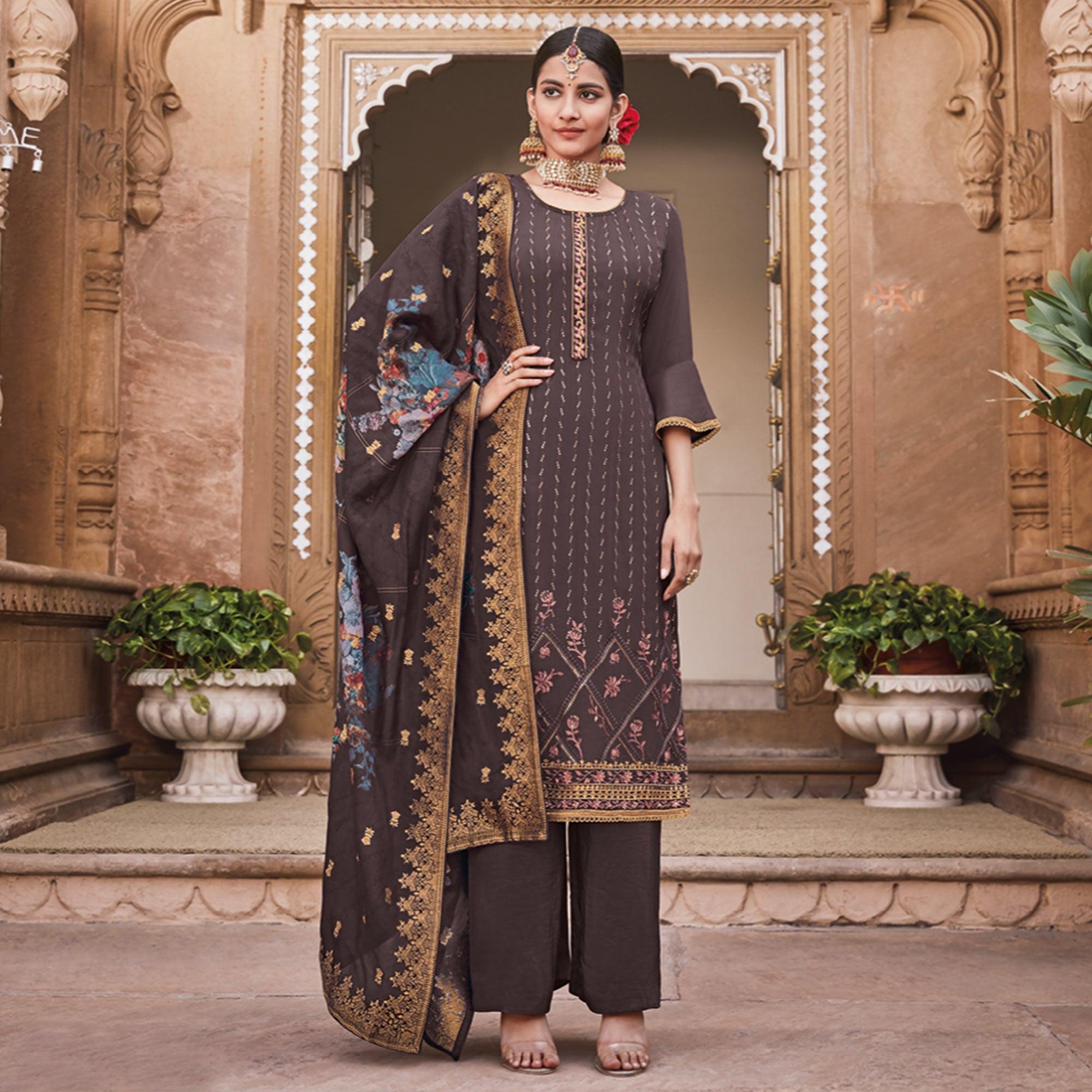 Gorgeous Brown Colored Partywear Embroidered Pure Crepe Palazzo Suit - Peachmode
