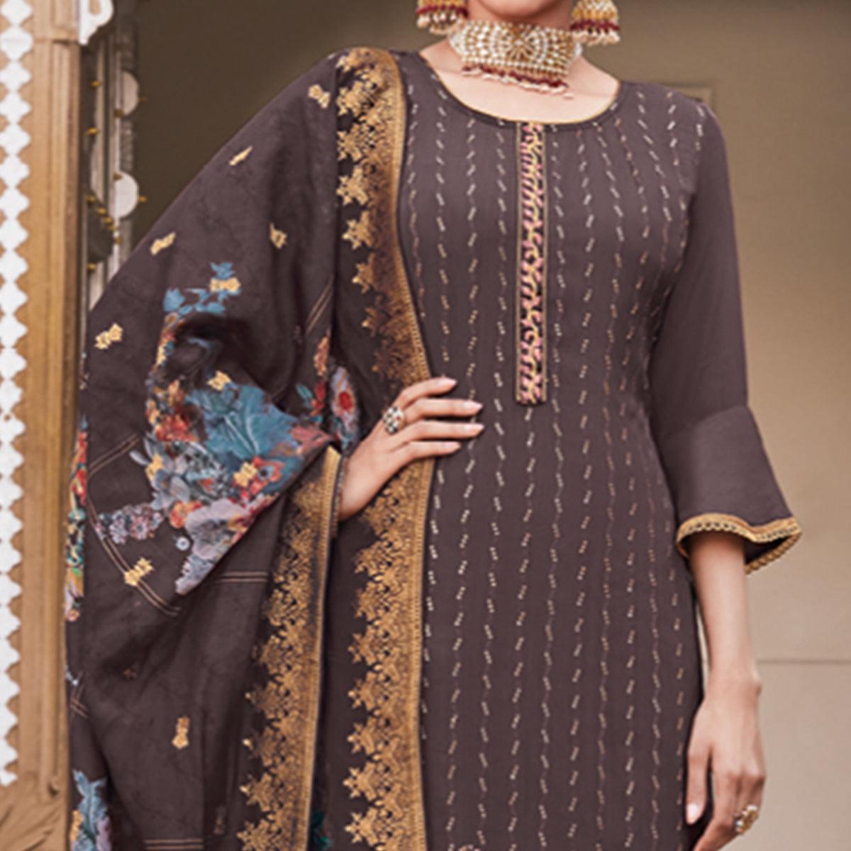 Gorgeous Brown Colored Partywear Embroidered Pure Crepe Palazzo Suit - Peachmode