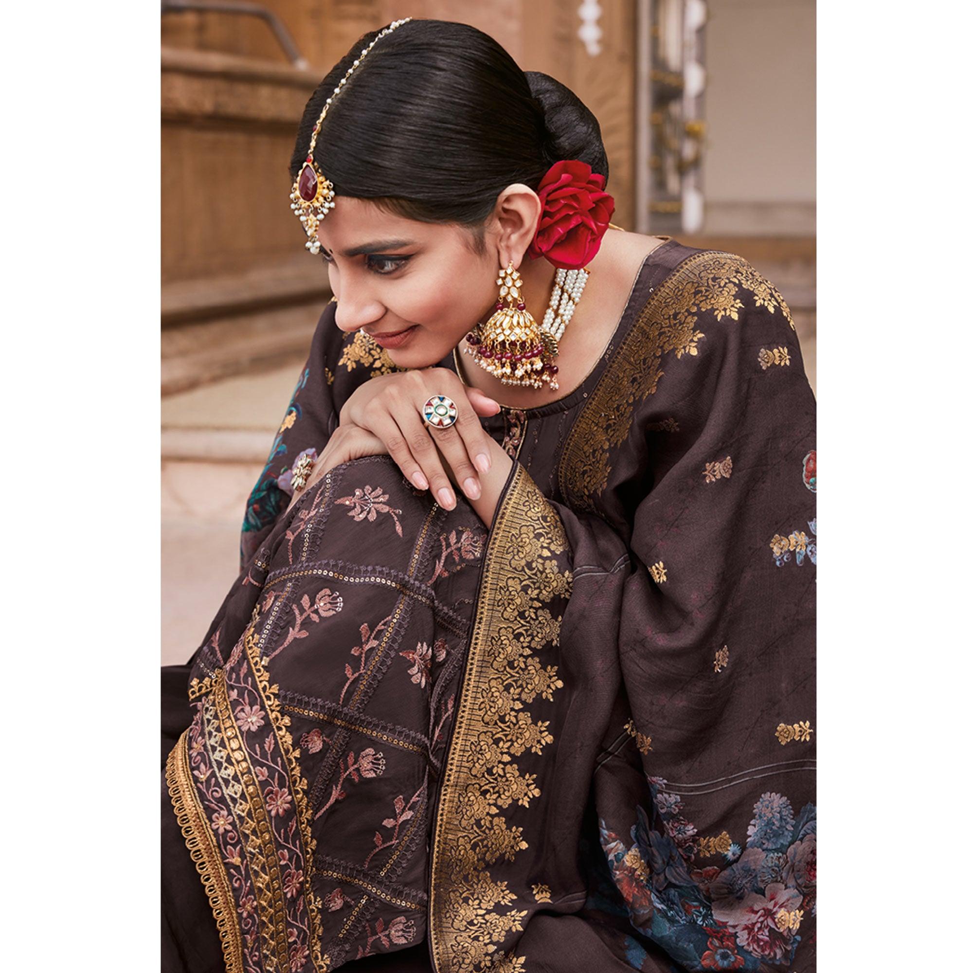 Gorgeous Brown Colored Partywear Embroidered Pure Crepe Palazzo Suit - Peachmode