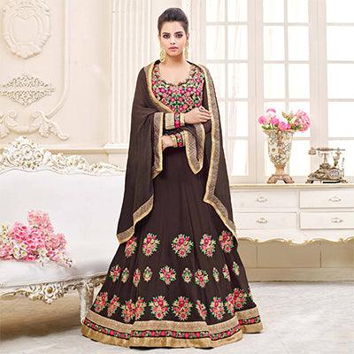 Gorgeous Brown Floral Embroidered Georgette Anarkali Suit - Peachmode