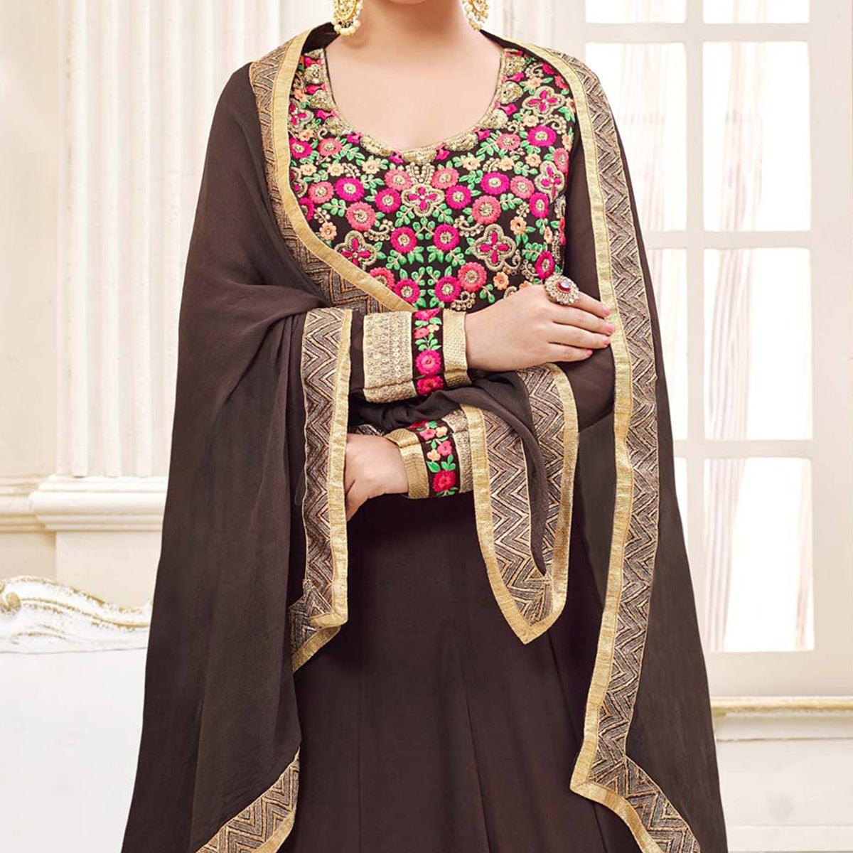 Gorgeous Brown Floral Embroidered Georgette Anarkali Suit - Peachmode