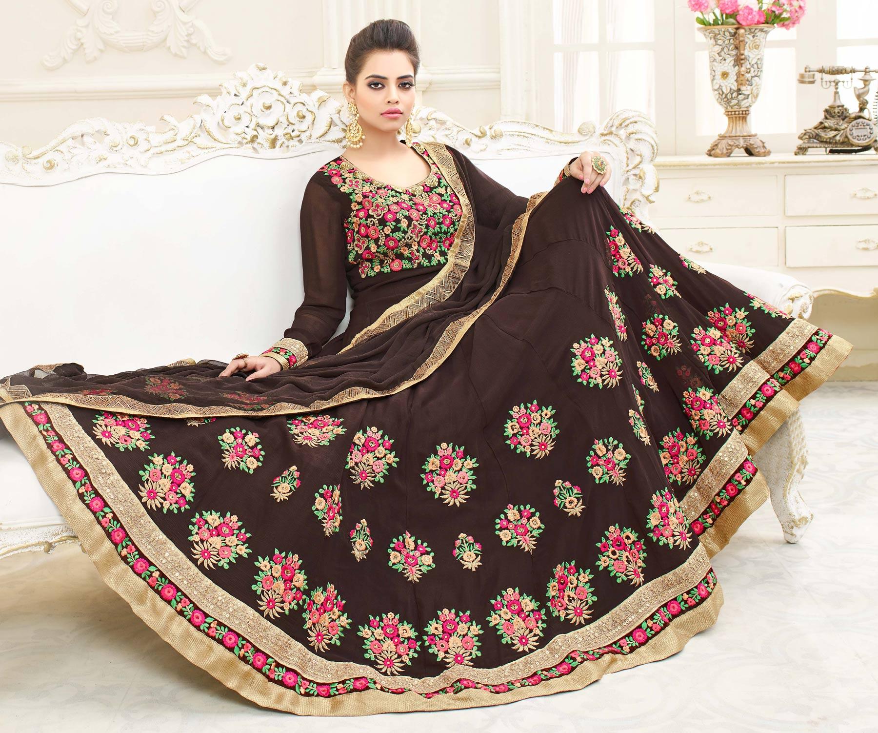 Gorgeous Brown Floral Embroidered Georgette Anarkali Suit - Peachmode