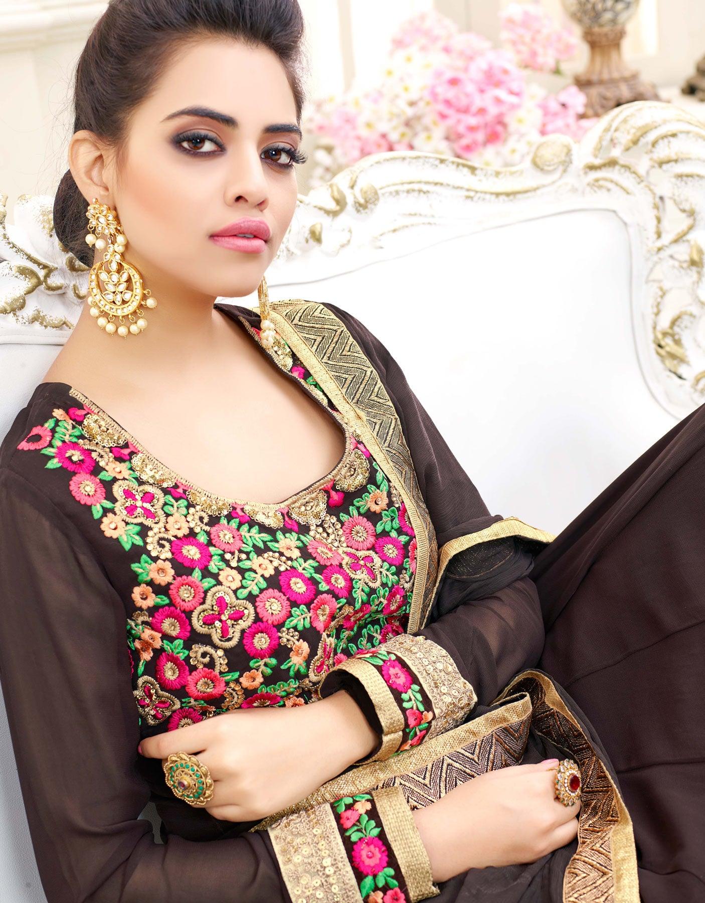 Gorgeous Brown Floral Embroidered Georgette Anarkali Suit - Peachmode