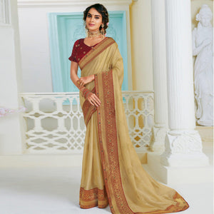 Gorgeous Chikoo Colored Partywear Foil Work Chiffon Saree - Peachmode