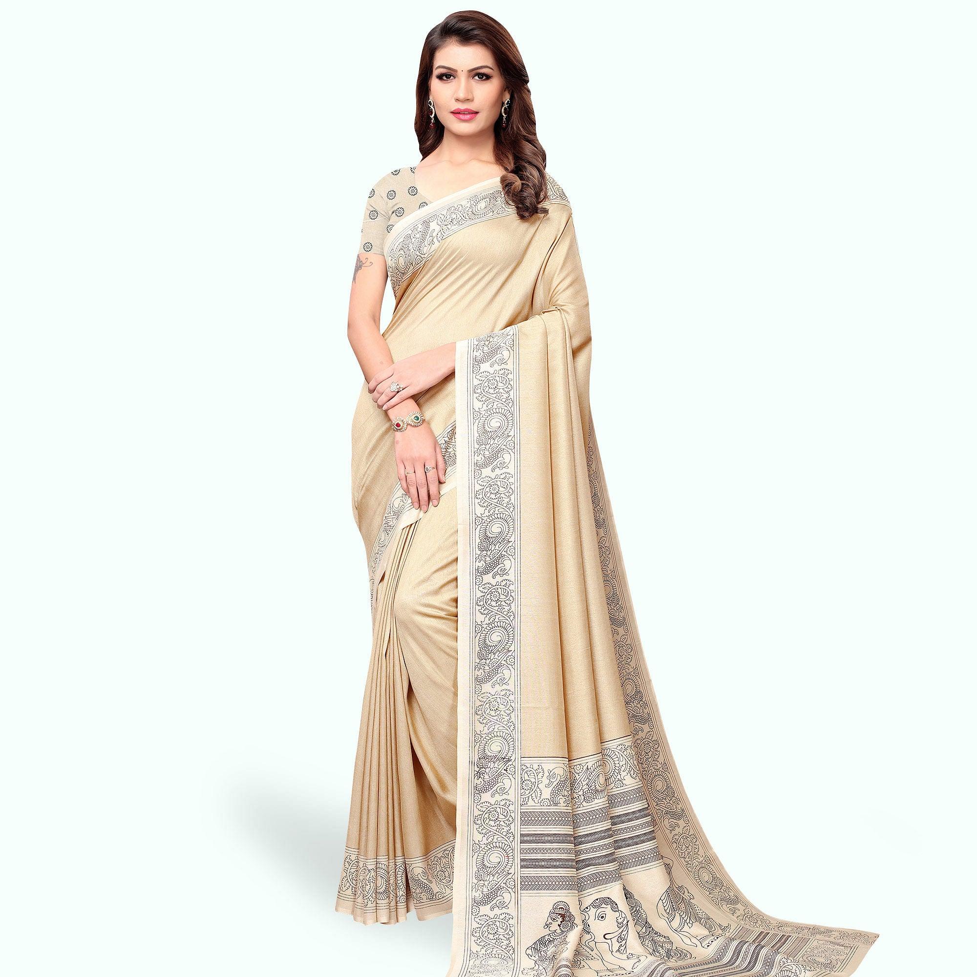 Gorgeous Cream Colored Casual Printed Art Silk Saree - Peachmode