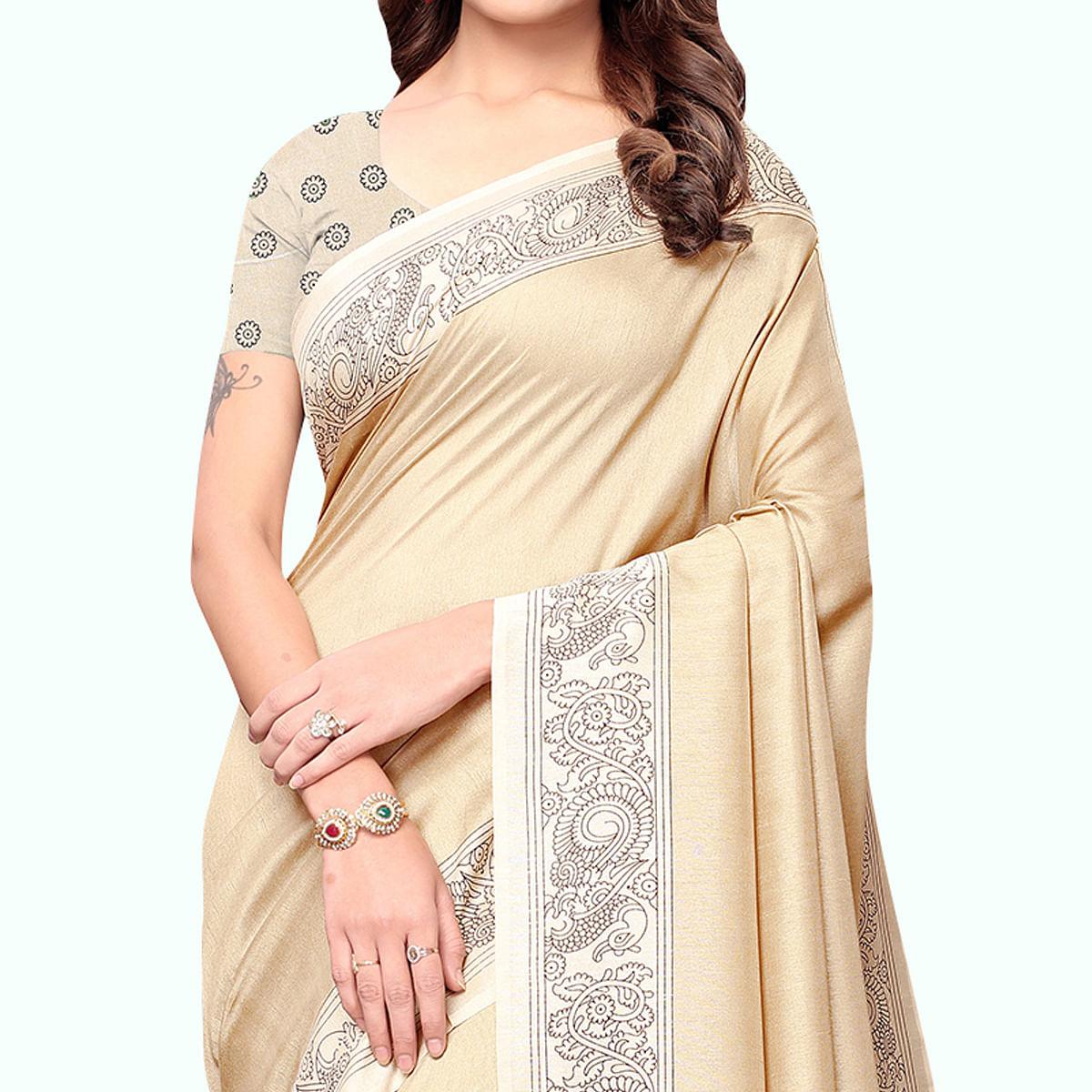 Gorgeous Cream Colored Casual Printed Art Silk Saree - Peachmode
